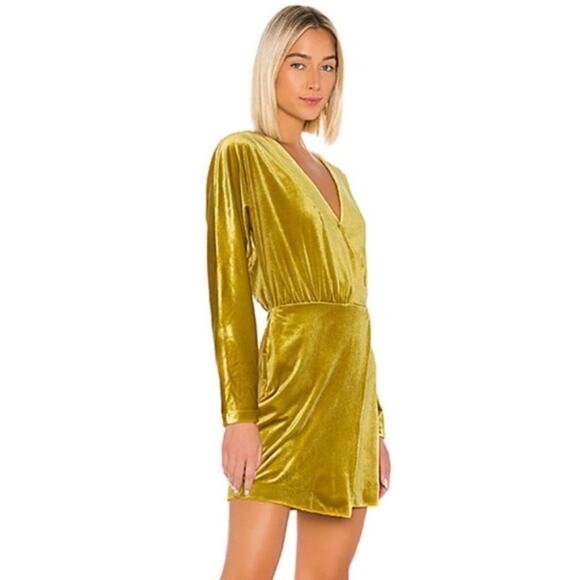 LPA Celeste Velvet Mini Dress Size S Faux Wrap Long Sleeve V-Neck Gold Party - Picture 8 of 15